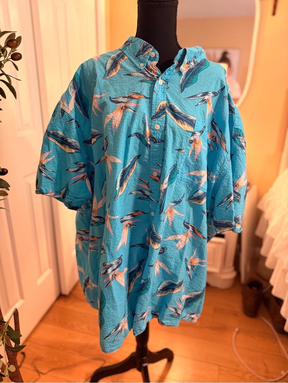 St. John's Bay Turquoise Short-Sleeve Button-Up with Bird Print